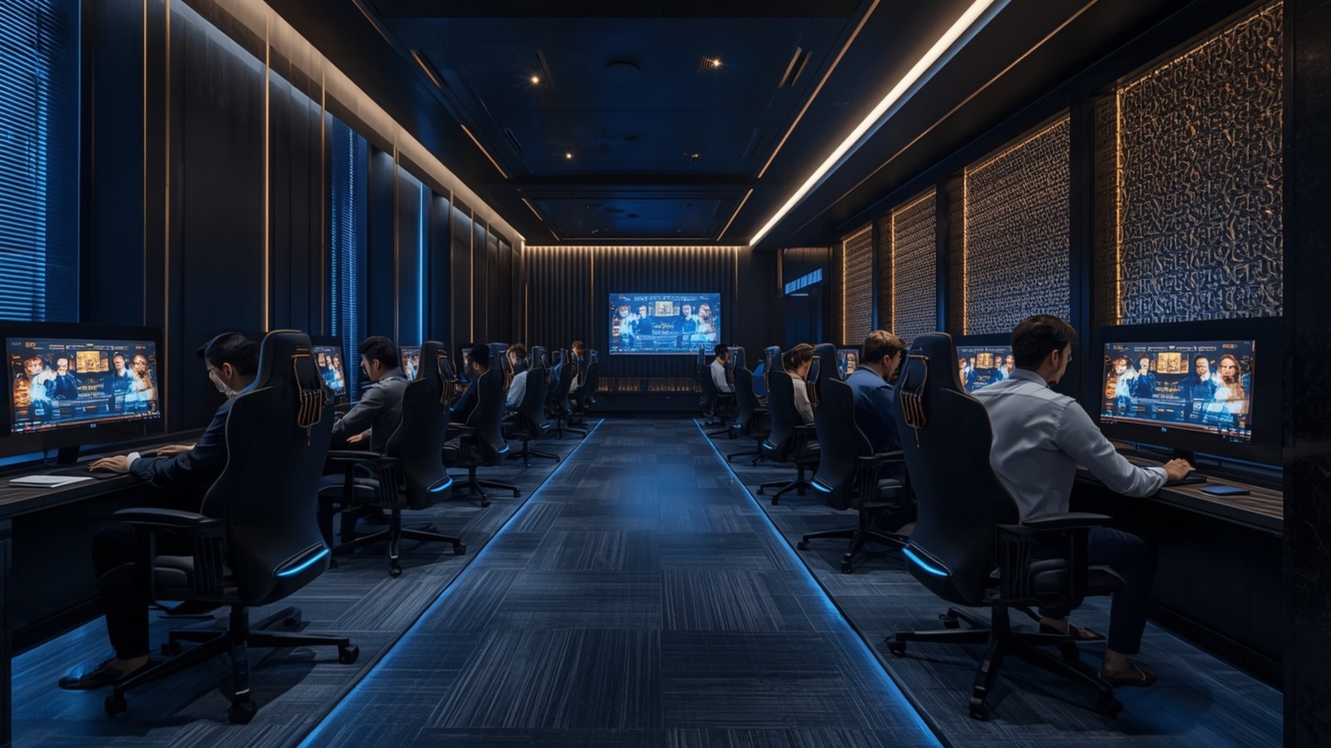One of four private gaming rooms at VELVT — a luxury lounge suite, softly lit and moody with a screen aglow